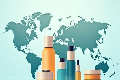 Image representing global market entry with cosmetic packaging overlaid on a world map, highlighting compliance icons.