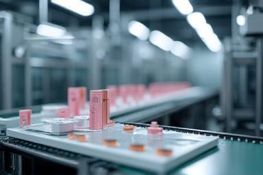 Image representing a modern cosmetic production line with automated machinery and products on a conveyor belt, illustrating scaling.