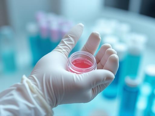 Image showing a hand in a lab glove holding a cosmetic sample under examination, symbolizing precision quality testing.
